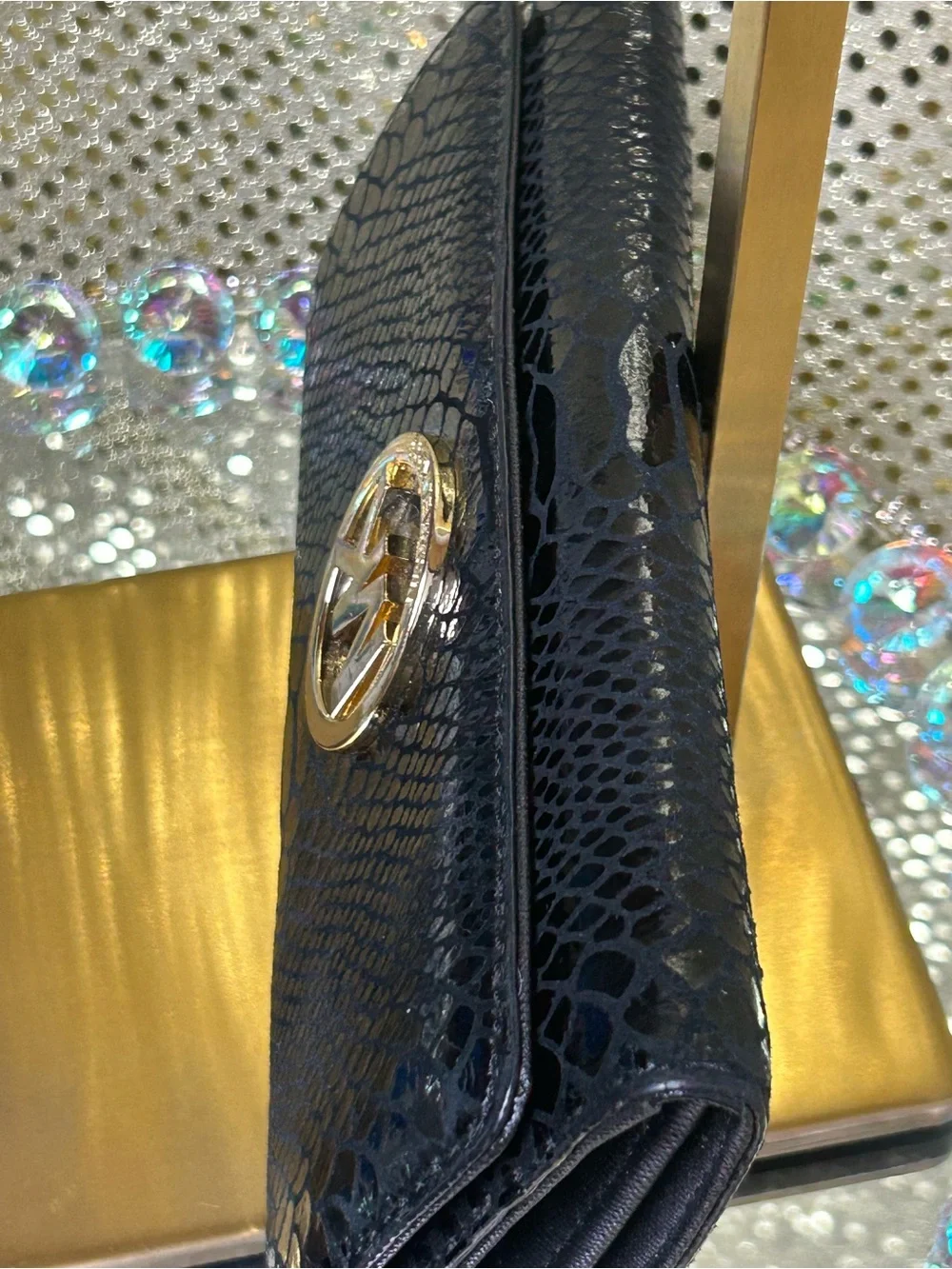Michael Kors Black Snake-Embossed Wallet with Gold MK Emblem Approx. 6 x 4